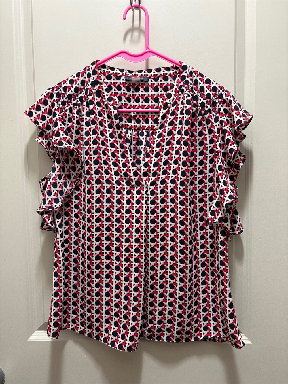 Tommy Hilfiger Red and Navy Geometric Ruffle Sleeve Blouse